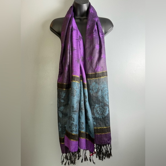 Tru-Fit Pashmina 100% Acrylic Scarf NWT 28"x82" Purple Blue Black & Gold - Picture 2 of 7
